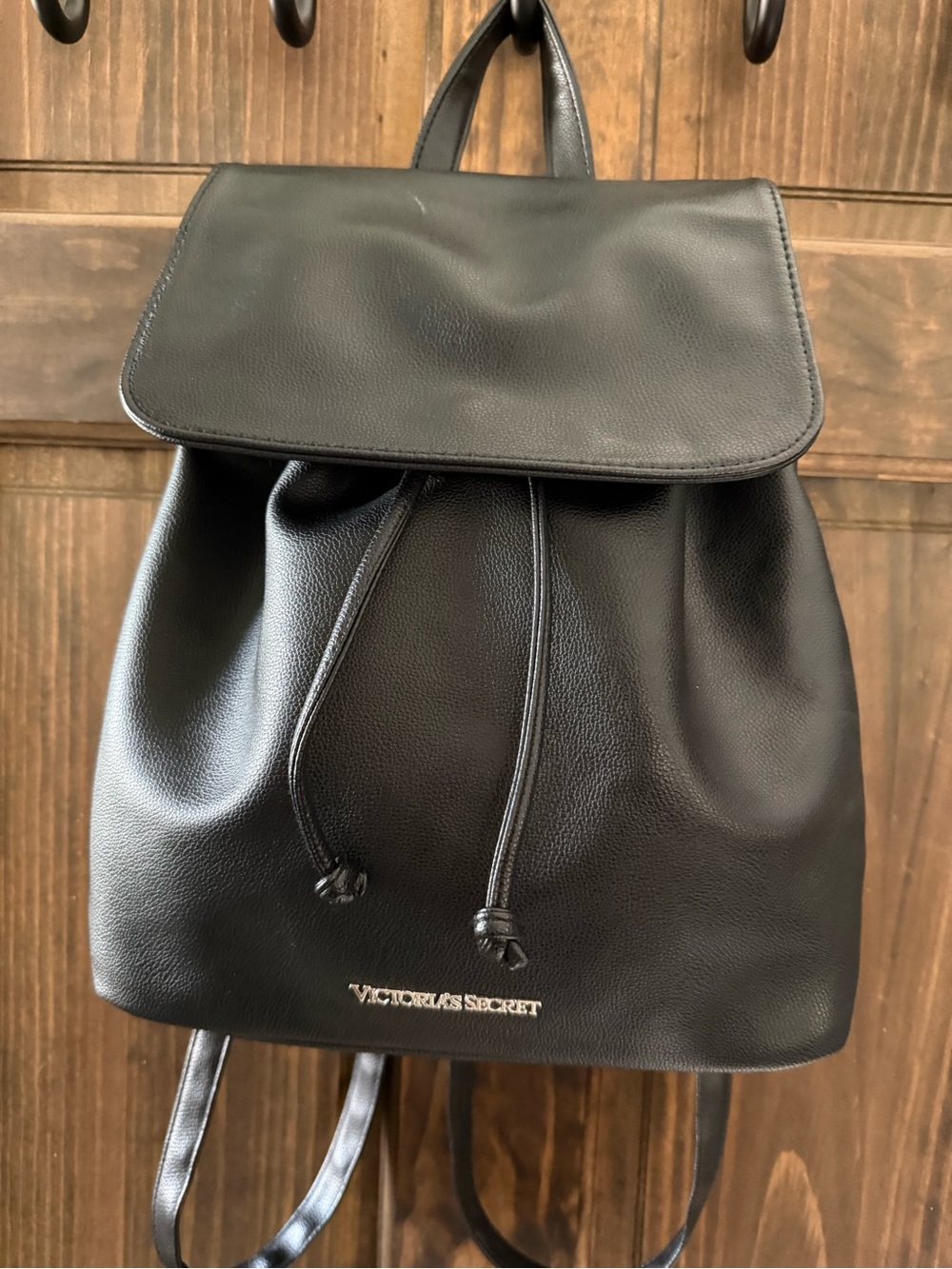 Victoria's Secret Black Leatherette Drawstring Flap Backpack
